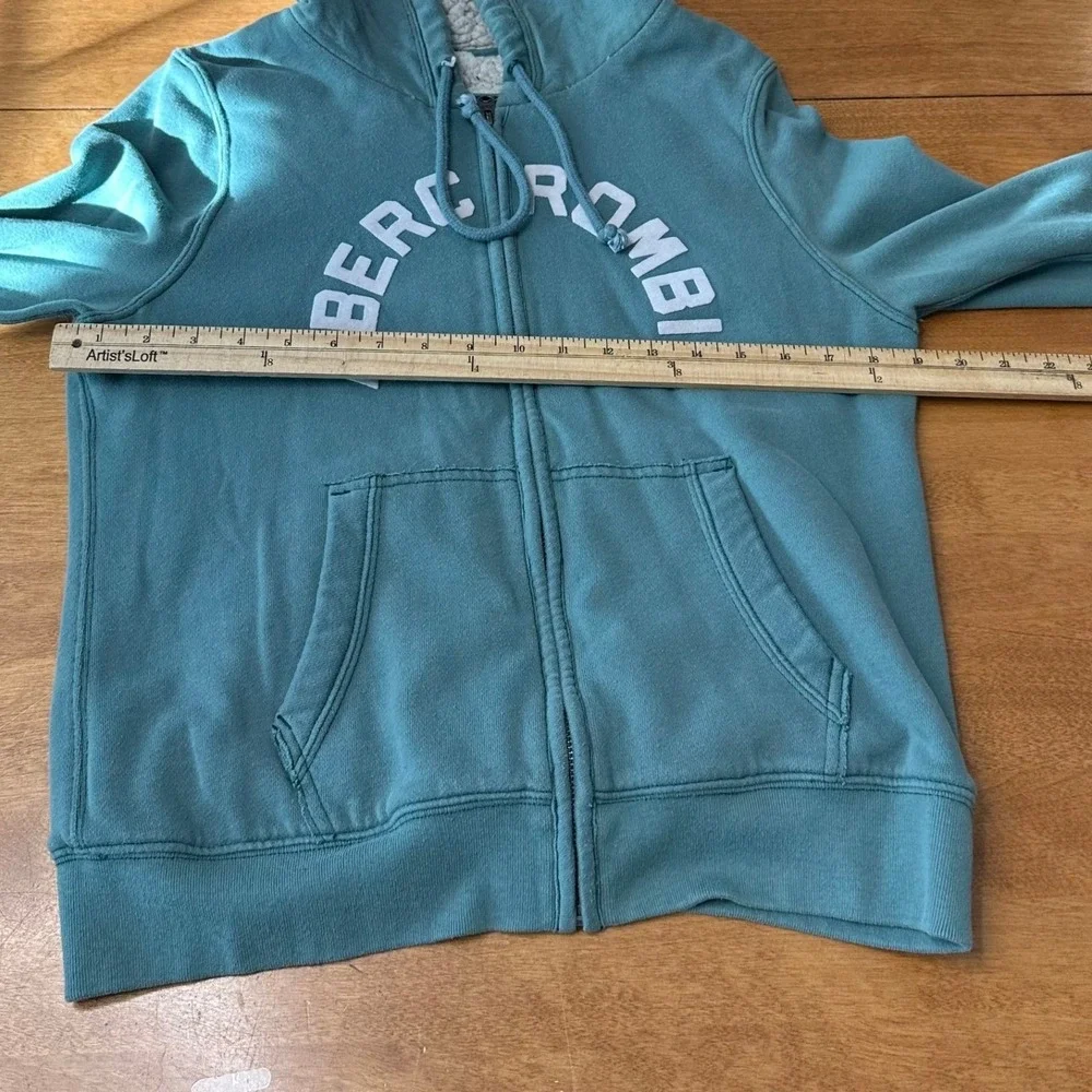 VTG Y2K Abercrombie Sherpa Lined Hoodie Full‎ Zip Teal Spellout Women's M Rare - Picture 11 of 11